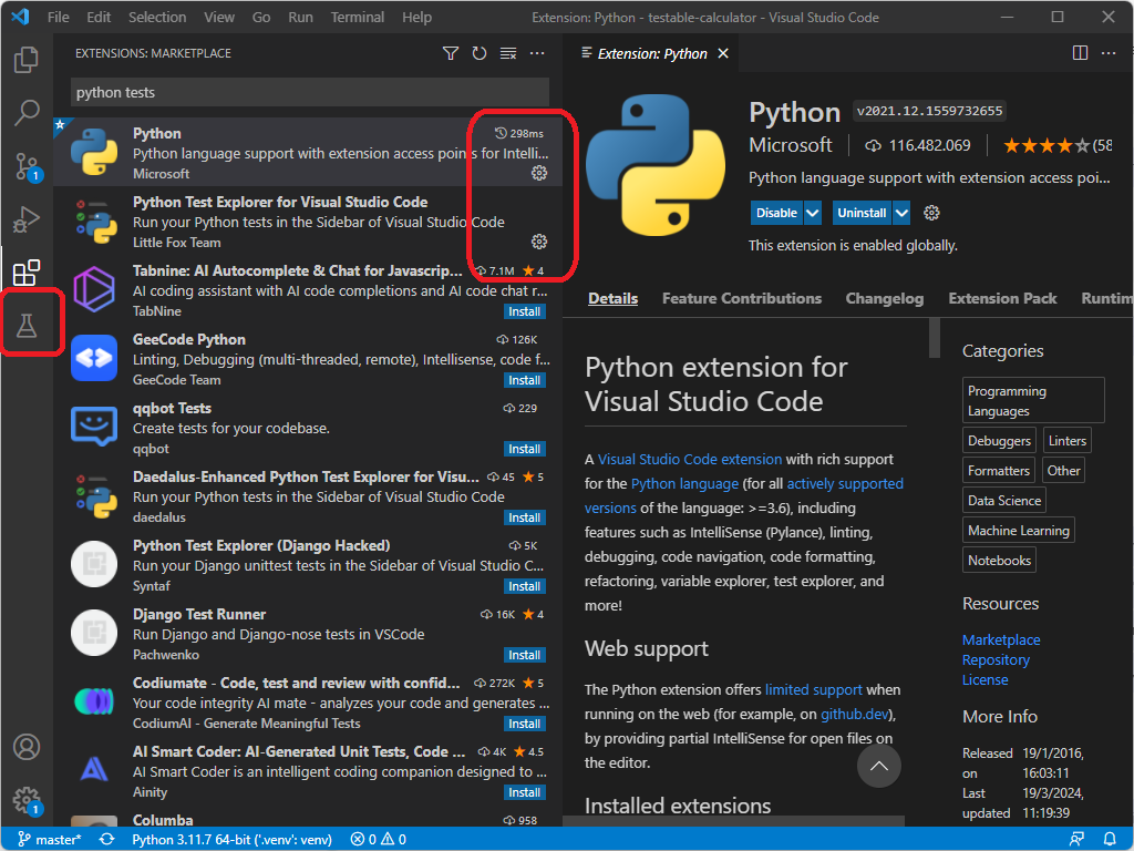 Test section in VS Code