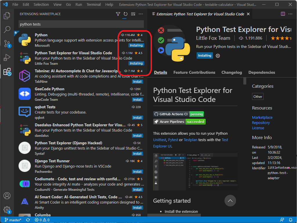 Installing required extensions in VS Code